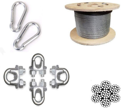 Etahmart Gym Machine PU Coated Wire 6MM 5M Silver with 2 Snap Hook, 4 Gym Wire Lock Weight Lifting Bar(Silver)