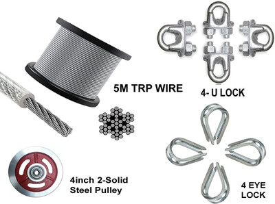 Dinetic GYM MACHINE WIRE (6MM ) 5MTR LONG, 1-4inch Solid Pulley, 4 U LOCK , 4 EYE LOCK Multi-training Bar