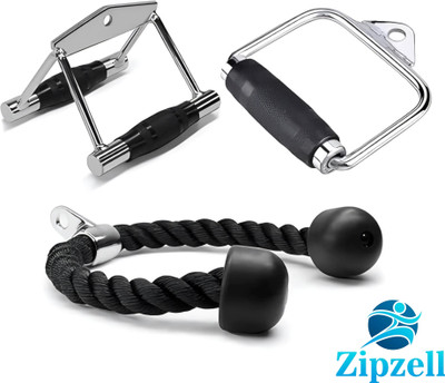 Zip Zell ® Sports Gym Combo- Seated Rowing, Tricep Rope & Single D- Handle ( Set of 3 ) Multi-training Bar(Silver)