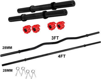 YMD 3FT Curl & 4FT Straight Black Powder Coated Bar With 2 Dumbbell Rod & Locks Weight Lifting Bar