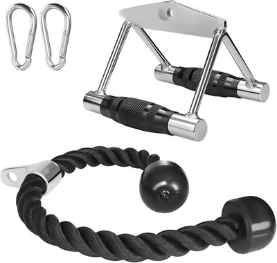 Zip Zell ® Sports Gym Attachment Combo - Rowing Handle, Tricep Rope with 2 Pcs S- Locks Multi-training Bar(Silver)
