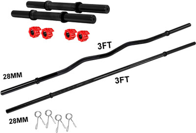 YMD 3FT Curl & 3FT Straight Black Powder Coated Bar With 2 Dumbbell Rod & Locks Weight Lifting Bar