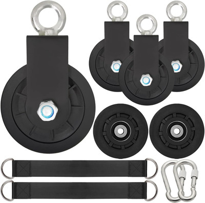 HACKERX 4 Pack Silent Nylon Gym Cable Pulley Wheel, 2Pc Carabiner, 2Pc Hanging Straps Multi-training Bar