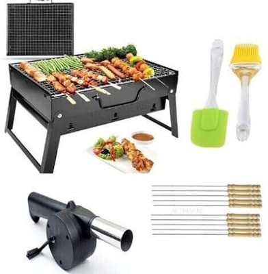 TRIGOP Foldable Barbeque With - 2 Spatula,1 BBQ, 10 Stick & 1 Air Blower Charcoal Grill