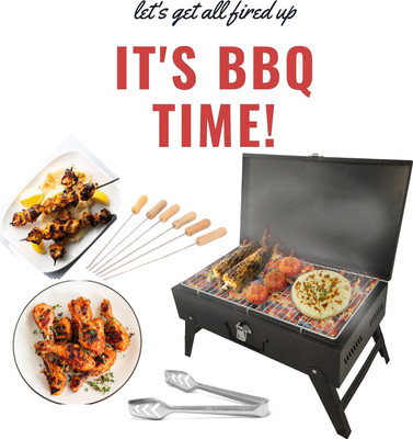 Chefman Folding Metal Briefcase Barbecue with Wooden Handle Skewers and Iron Charcoal Grill Charcoal Grill