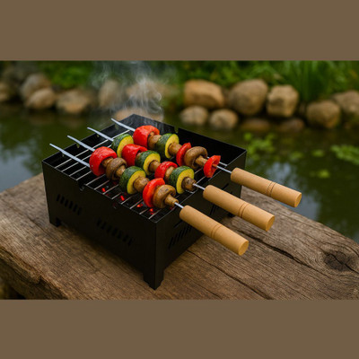 BBQ Grill Heavy Duty Charcoal Barbeque Grill with 3 Skewers Wooden Handles, Ventilated Iron Body – Ideal for Outdoor Cooking, Indian Tandoori & Barbecue Parties Charcoal Grill