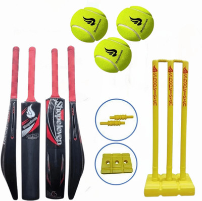 Shopeleven Plastic Bat with Stumps and 3 Tennis Balls for Practice Session PVC/Plastic Cricket  Bat For 15+ Yrs(990 g)