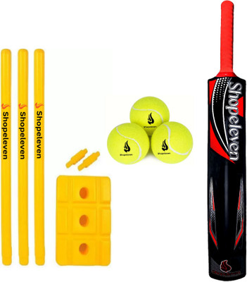 GJSHOP Plastic Bat with Stumps and 3 Tennis Balls for Practice Sessions Cricket Kit