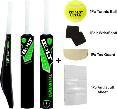 BOLT Cricket Combo 5in1 Thunder Black (Bat, TBall, Wristbands, ToeGuard &Anti-Scuff) PVC/Plastic Cricket  Bat For 15+ Yrs(800-900 kg)