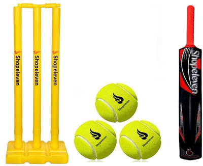 Shopeleven Play Anywhere Cricket Set, Black Bat, Easy-to-Set-Up Stumps, and 3 Tennis Balls PVC/Plastic Cricket  Bat For 15+ Yrs(0.8 kg)