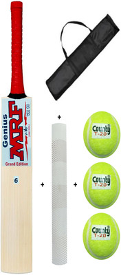 MRF Wooden size 6 single blade cricket bat with Cover & 3 Tennis Balls & Grip combo Poplar Willow Cricket  Bat For 15+ Yrs(1 kg)