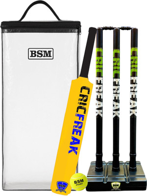BSM Plastic Cricket Kit – YELLOW Bat, Stumps & Tennis Ball (All-in-One Set) PVC/Plastic Cricket  Bat For 10 - 12 Yrs(1100 g)