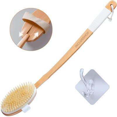 INCLUSFLY 2-in-1 Detachable Wooden Bath Brush with Long Handle With Hakking Hook