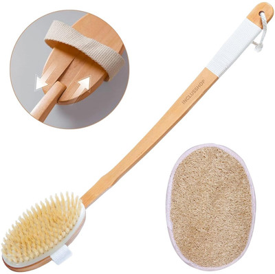 INCLUSFLY 2-in-1 Detachable Wooden Bath Brush with Long Handle With Loofah Pad