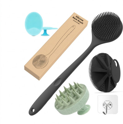 Primewell Silicon Shower Bath Back Brush+Body Scrubber+Scalp Massager+Face Scrubber+Hooks