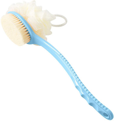 NKK TRADERS Bath Brush with Bristles and Loofah Back Scrubber with Curved Long Handled
