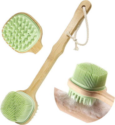 maycreate Double Sided Silicone Body Scrubber Wood Handle Brush Green
