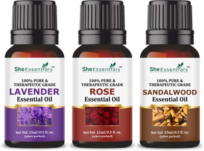 She Essentials Sandalwood Essential Oil | Rose | Lavender for Hair, Skin & Aromatherapy(45 ml)