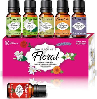 Parag Fragrances Floral 6IN1 Essential Set of Jasmine, Mogra, Rajnigandha(6 ml)