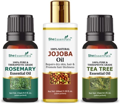 She Essentials Rosemary Essential Oil | Tea Tree | Jojoba Carrier Oil for Hair, Skin(130 ml)