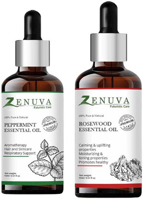 Zenuva Peppermint & Rosewood Essential Oil Pack Of 2 For Skin Glow & Calm Aroma(30 ml)