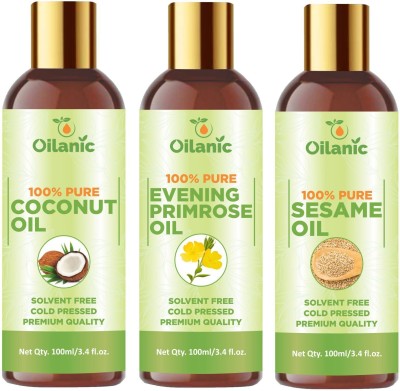 Oilanic Premium Coconut Oil, Evening Primrose Oil & Sesame Oil Combo pack of 3 bottles of 100 ml(300 ml)(300 ml)