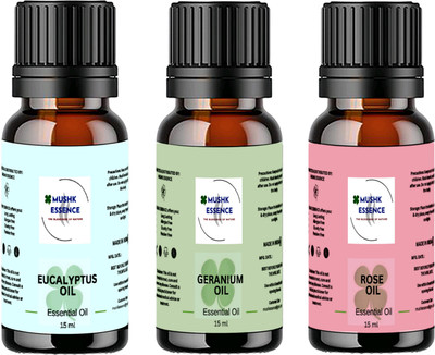 MUSHK ESSENCE Eucalyptus, Geranium & Rose Oil for Aromatherapy, Candle, Soap, Diffusers & Home(15 ml)