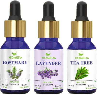 Homeda Tea Tree, Rosemary, Lavender Essentail Oil for Hair, Diffuser, Skin, Face 15ml*3(45 ml)