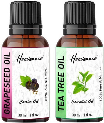 Heavennce Grapeseed Oil | Tea Tree Oil Combo for Aromatherapy | Hair | Skin | Pack of 2(60 ml)