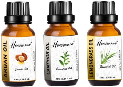 Heavennce Argan, Camphor & Lemongrass Oil Combo for Hair\Skin, Aromatherapy, Pack of 3(45 ml)