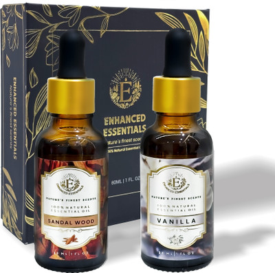 ENHANCED ESSENTIALS LUXURIOUS SET OF SANDALWOOD & VANILLA ESSENTIAL OILS. BOX OF 2 X 30 ml(60 ml)