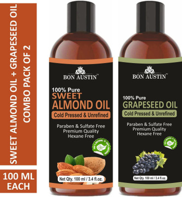 Bon Austin Premium Sweet Almond Oil & Grapeseed Oil - Cold Pressed & Unrefined Combo pack of 2 bottles of 100 ml(200 ml)(200 ml)
