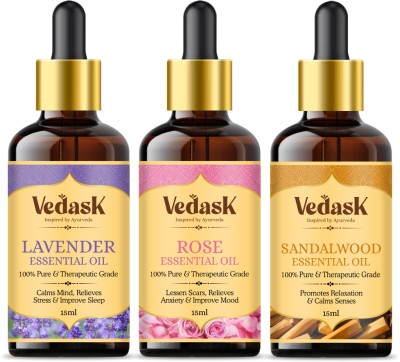 Vedask Sandalwood Essential Oil| Rose Oil| Lavender Combo Pack for Hair| Skin| Aroma(45 ml)