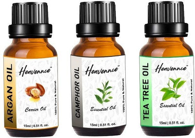 Heavennce Argan, Camphor & Tea Tree Oil Combo for Acne, Dandruff, Deodarizer, Pack of 3(45 ml)