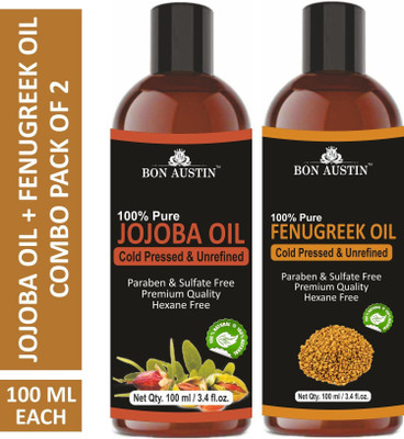 Bon Austin Premium Jojoba Oil & Fenugreek Oil - Cold Pressed & Unrefined Combo pack of 2 bottles of 100 ml(200 ml)(200 ml)
