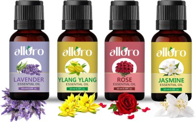 Alloro Lavender, Jasmine, Rose, Ylang Ylang Essential Oil for Aroma Therapy,Pack of 4(40 ml)