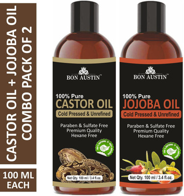 Bon Austin Premium Castor Oil & Jojoba Oil - Cold Pressed & Unrefined Combo pack of 2 bottles of 100 ml(200 ml)(200 ml)
