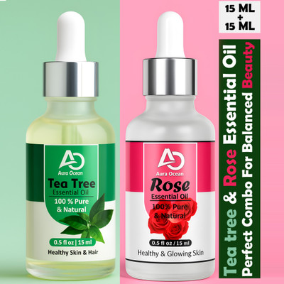 Aura Ocean Tea tree & Rose Essential Oil Combo for Pimples, Wrinkles & Skin Glow(15ml Each)(30 ml)