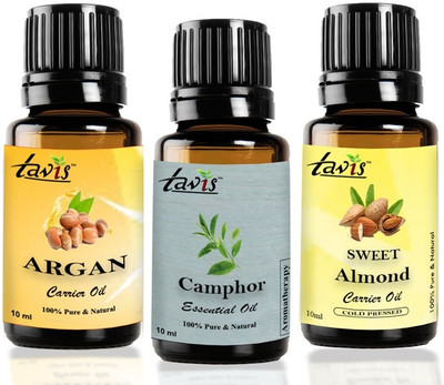 Tavis Argan, Camphor & Sweet Almond Oil for Skin Care | Hair Care | Aroma | Pack of 3(30 ml)