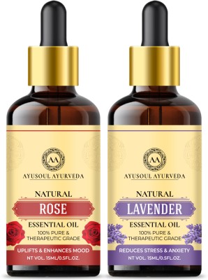 Ayusoul Ayurveda Natural Rose Essential Oil | Lavender Essential Oil| Combo Pack for Hair & Skin(30 ml)