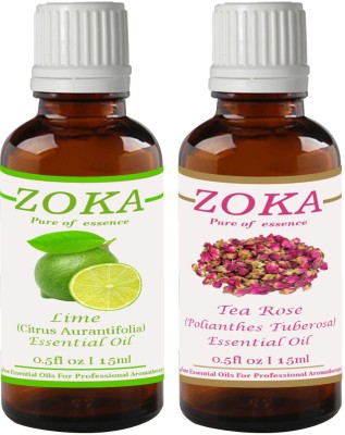 Zoka Pure and Natural Undiluted Lime & Tea Rose Essential Oil Combo Set(15 ml)