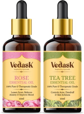 Vedask Ayurveda Rose Essential Oil| Tea Tree Combo Pack of 2(30 ml)