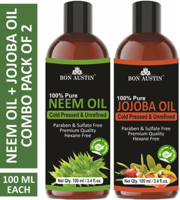 Bon Austin Premium Neem Oil & Jojoba Oil - Cold Pressed & Unrefined Combo pack of 2 bottles of 100 ml(200 ml)(200 ml)