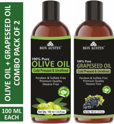 Bon Austin Premium Olive Oil & Grapeseed Oil - Cold Pressed & Unrefined Combo pack of 2 bottles of 100 ml(200 ml)(200 ml)