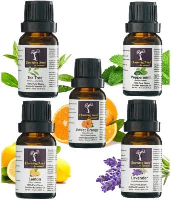 Charming Aura Combo pack of 5 Essential Oils 15ml each, Lavender, Tea Tree, Peppermint(75 ml)