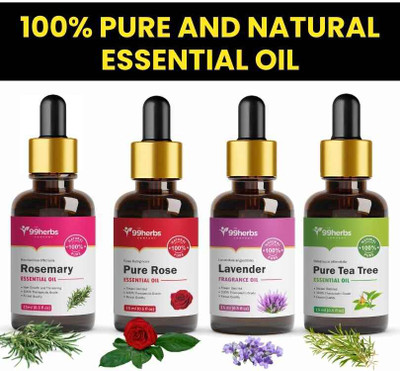 The 99 Herbs Company 99Herbs Lavender + Rose + Tea Tree + Rosemary Essential Oil 15ml | Aromatherapy(15 ml)