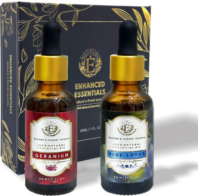 ENHANCED ESSENTIALS LUXURIOUS SET OF GERANIUM & BLUE LOTUS ESSENTIAL OILS. BOX OF 2 X 30 ml(60 ml)
