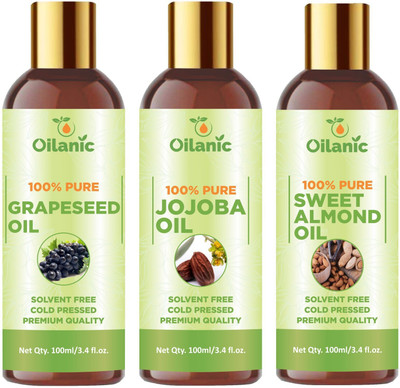 Oilanic Premium Grapeseed Oil, Jojoba Oil & Sweet Almond Oil Combo pack of 3 bottles of 100 ml(300 ml)(300 ml)