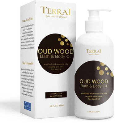 Terrai Oud Wood Body Oil with Vitamin E & Jojoba | Instant Glow | Deep moisturization(200 ml)