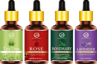 Nuerma Science Tea Tree Oil, Rose Oil, Rosemary Oil & Lavender Oil 15 ML Each for Hair Care Hair Oil(60 ml)